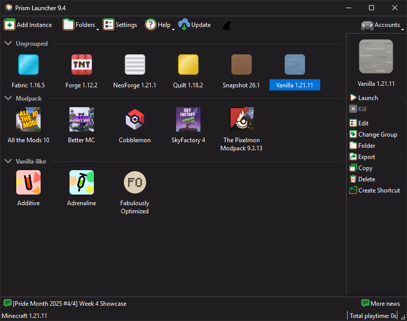 Prism Launcher main window listing isolated Minecraft instances on desktop